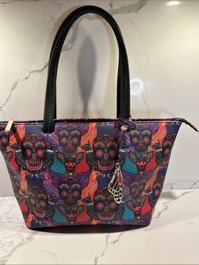 Mexican artist Pineda Covalin Sugar Skull Pattern Tote Bag with Black Handle